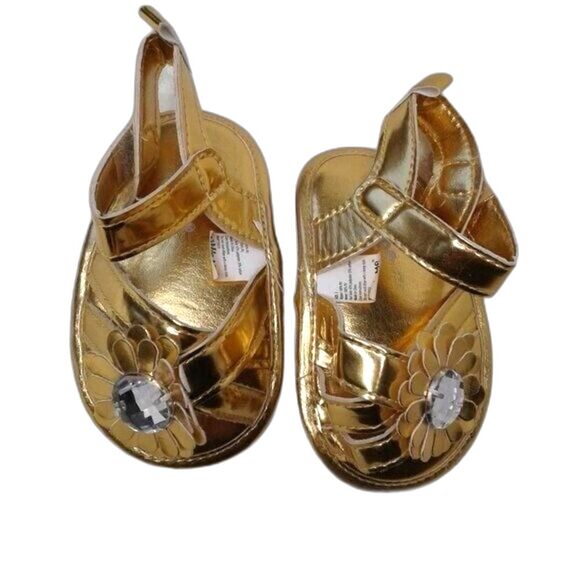 Little Me Baby Girl Sandals Sz 3 Infant Gold Straps Flower Rhinestone Velcro NEW - Picture 3 of 10